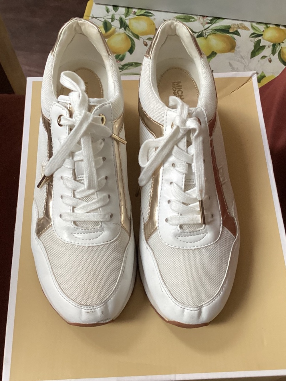 Michael Kors Maddy Trainer Mesh White Gold Sneakers Size 8.5